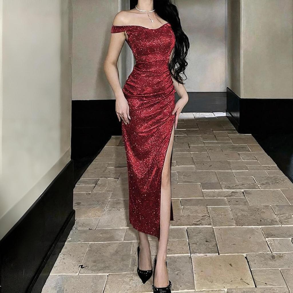 One-Shoulder Sequin Bridesmaid Gown with Slit and Cinched Waist