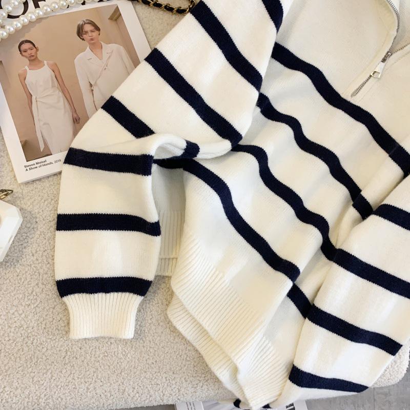Vysoce kvalitní trendy pletený svetr na zip v korejském stylu pro ženy – Modrý pruhovaný, Jedna velikost