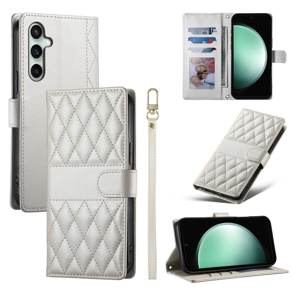 For Samsung Galaxy S25 FE Case Rhombus Stitching Wallet Stand Leather Phone Cover with Long/Short Strap