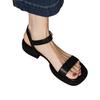 Soft Leather Square Heel Sandals Women's Summer 2025 New French One-word Belt Retro Soft Sole with Skirt Roman Sandals