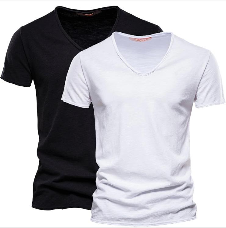 2-teiliges Sommer Herren Uni Slub Baumwolle V-Ausschnitt Kurzarm T-Shirt Reine Baumwolle Herrenbekleidung Vintage Freizeitbekleidung Minimalistische Mode Atmungsaktives Hemd