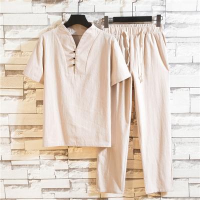 Men's Casual Loose Retro Chinese Style Summer Suit Button Decoration T-shirt Drawstring Elastic Waist Pants Male Solid Color Thin Clothes