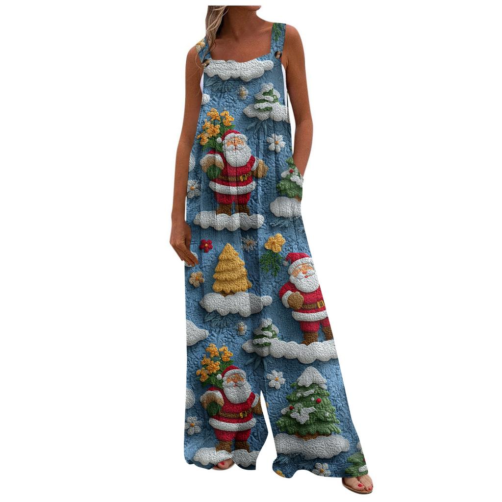 Women's Christmas Print Solid Wide Leg Strapless Tank Pocket Casual Onesie