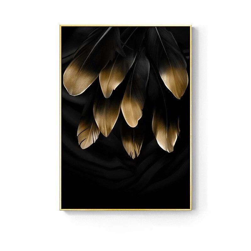 Simple Golden Abstract Leaf Wall Art Canvas Painting Feather Poster Picture Living Room Home Decoration