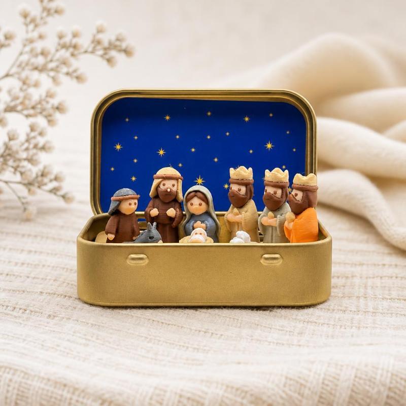 Mini Christmas Nativity Set In Tin Box Cute 3D Printed Figures Manger Set Iron Box For Christmas Home Decoration Holiday Gifts
