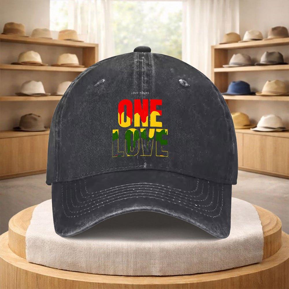 One Love Reggae Print Washed Baseball Cap Adjustable Cotton Outdoor Sports Hat Unisex
