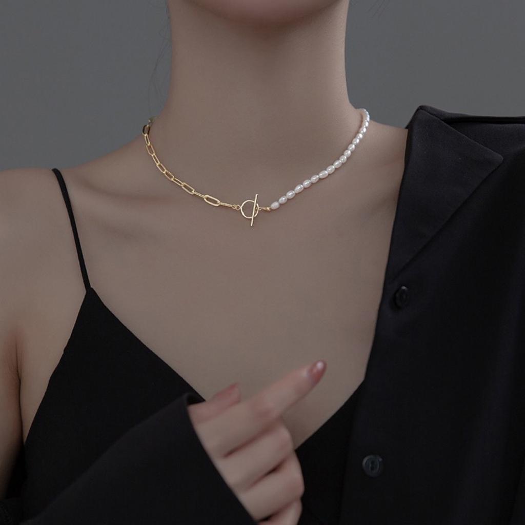 Rice Grains Freshwater Pearls Link Splicing Ot Buckle Necklace Femininity Fashion Metal Wind Short Collarbone Neck Chain