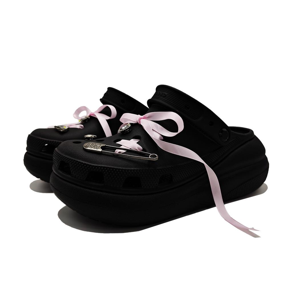 Crocs Classic Lined Clog Sweetheart Bow EVA Playful and Cute Cool Classic Versatile Fashion Trend Hole Shoes Women Black
