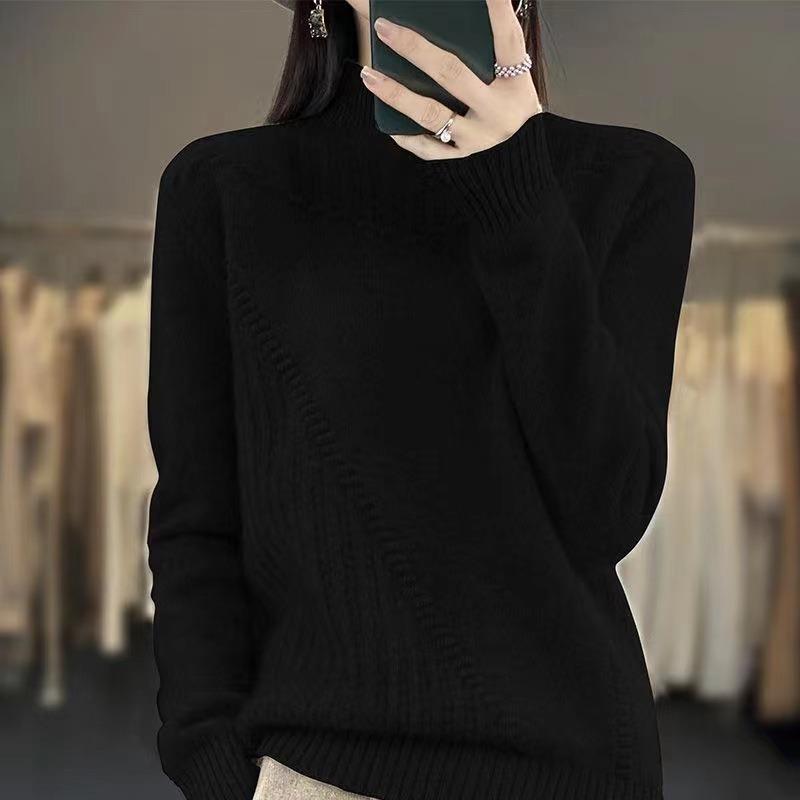 Women's Solid Color Thickened Drum Wave Sweater Pullover Half High Neck Inside and Outside Fashion Bottom Women's Sweater