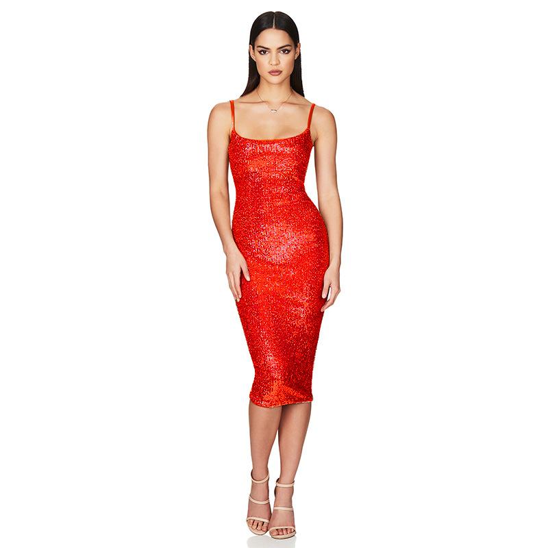 Dámské přiléhavé šaty střední délky s flitry Letní bez rukávů halter šaty