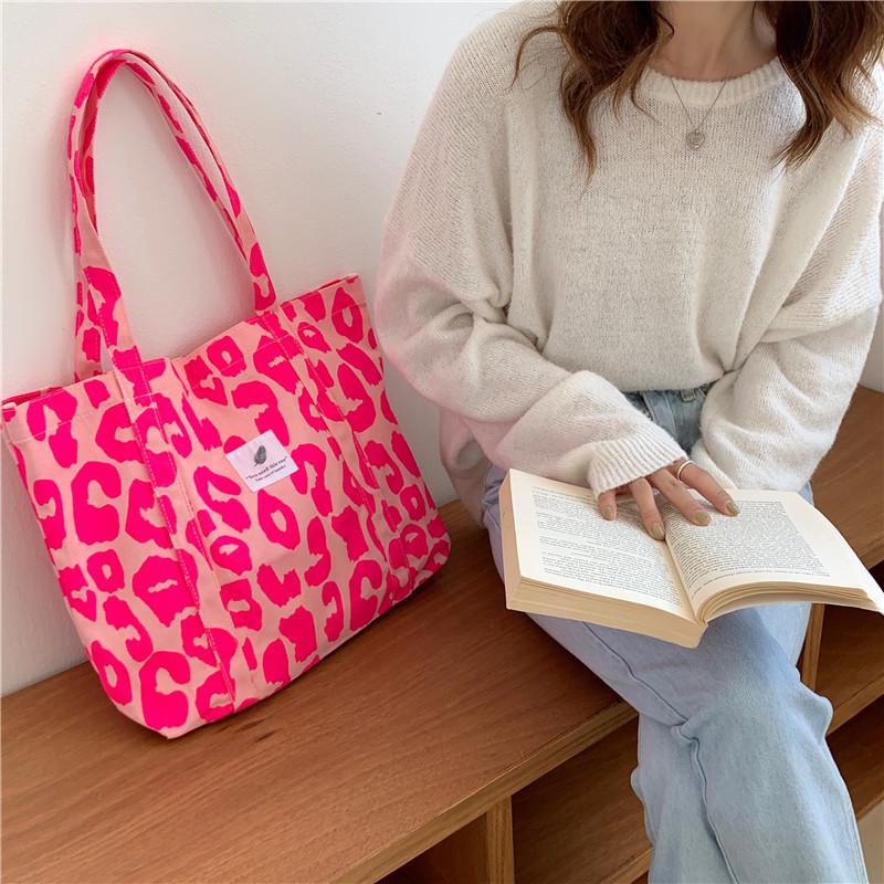 Fashion Simple Canvas Tote Bag Pink Leopard Print Bag Large Capacity Travel Handbags Versatile Shopping Shoulder Bag CLE