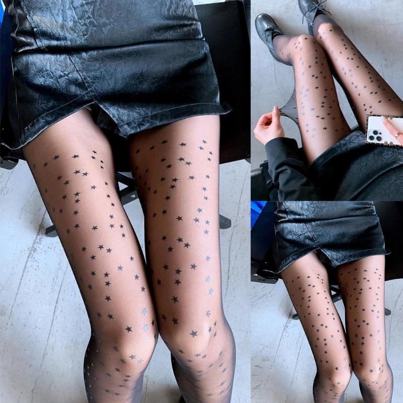 Women Sexy Tight Star Print Seamless-Pantyhose Stockings No-snagging Hose Sexy Lingerie-Patterned Tight Black White