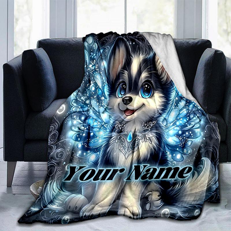 1PC Custom Name Fantasy Puppy Wings flannel blanket versatile,all-season throw suitable for the living room,bedroom,camping,travel,and gift