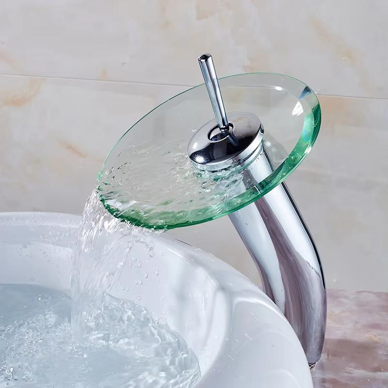 

Bathroom Faucets Household Wash Basin Sink Taps Colorful Glass Waterfall Faucet Chrome Single Lever Mixer Tap Deck Mounted G1/2