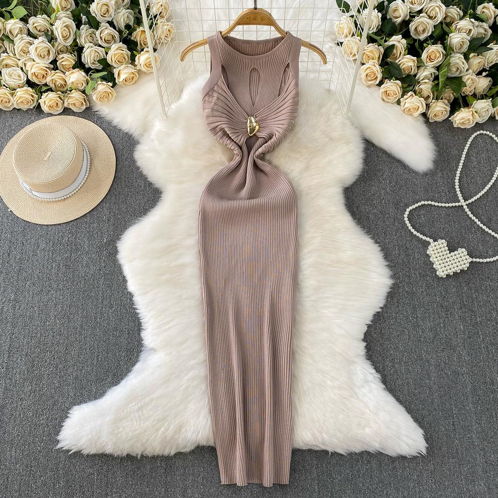 Summer Women Elegant Sleeveless Hollow Out Office Work Midi Knitted Sweater Pullover Sheath Dresses For Ladies