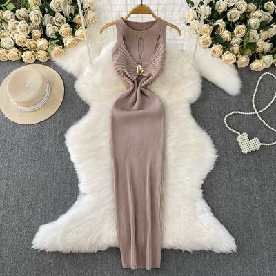 Summer Women Elegant Sleeveless Hollow Out Office Work Midi Knitted Sweater Pullover Sheath Dresses For Ladies