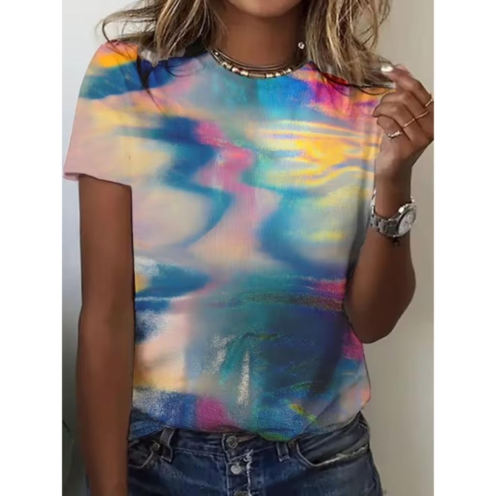 Fashion Women Retro Tie-dye Patterns Print T Shirt Funny Casual O-neck Short Sleeves T-shirt Summer Female Tee Shirt