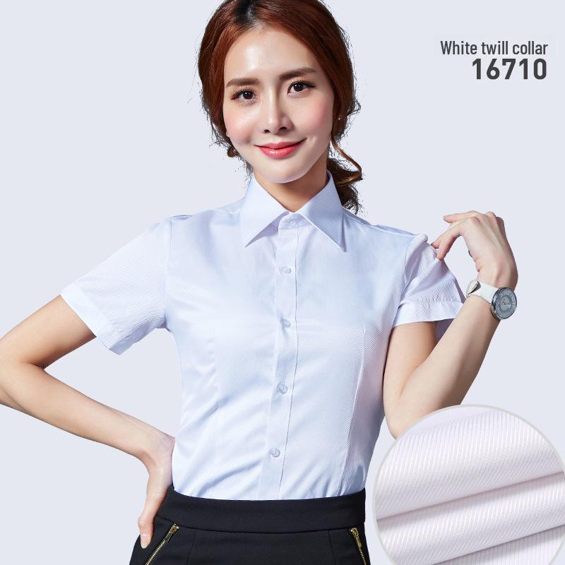 Camisa Social Feminina Slim Fit de Manga Curta - Branca com Listras Azuis, Sem Ferro, Gola V.