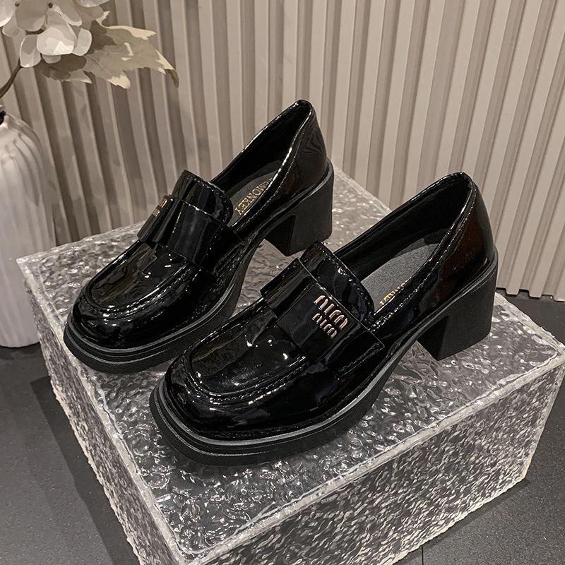 Spring and Autumn Square Head Black Small Leather Shoes One Pedal High Heels New Versatile Shiny Leather Women's Single Shoes