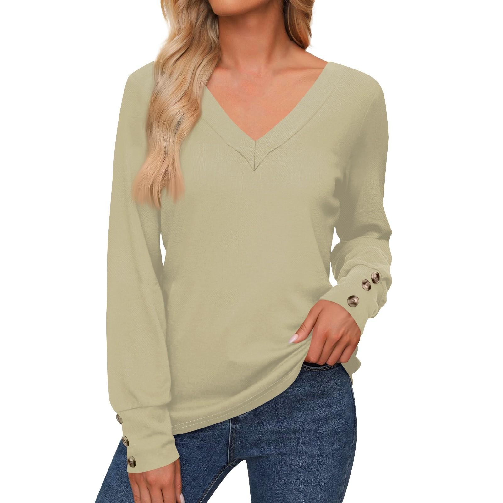 

Женские топы с длинными рукавами, манжетами, застегивающимися на пуговицы, рубашка с V-образным вырезом, свободная повседневная футболка, осенняя одежда M хаки
