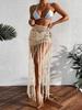 Crochet Tassel Bikini Cover Up Dress Beach Wear Women Tie Up Bather Bathing Suit Tassel Long Skirt Swimsuit Cover Up Beach Dress