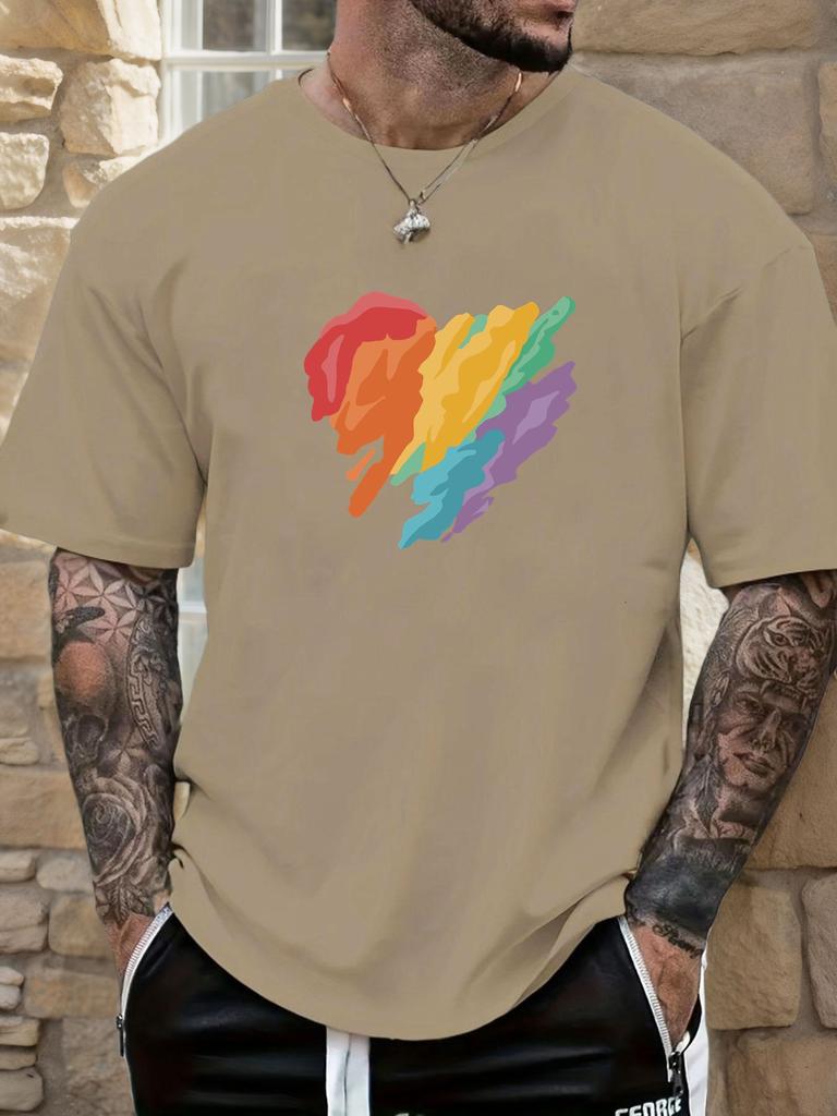 Mens Casual Tshirt Rainbow Heart Print Short Sleeve Round Neck Breathable Soft Oversized Vibrant Daily Wear Tee