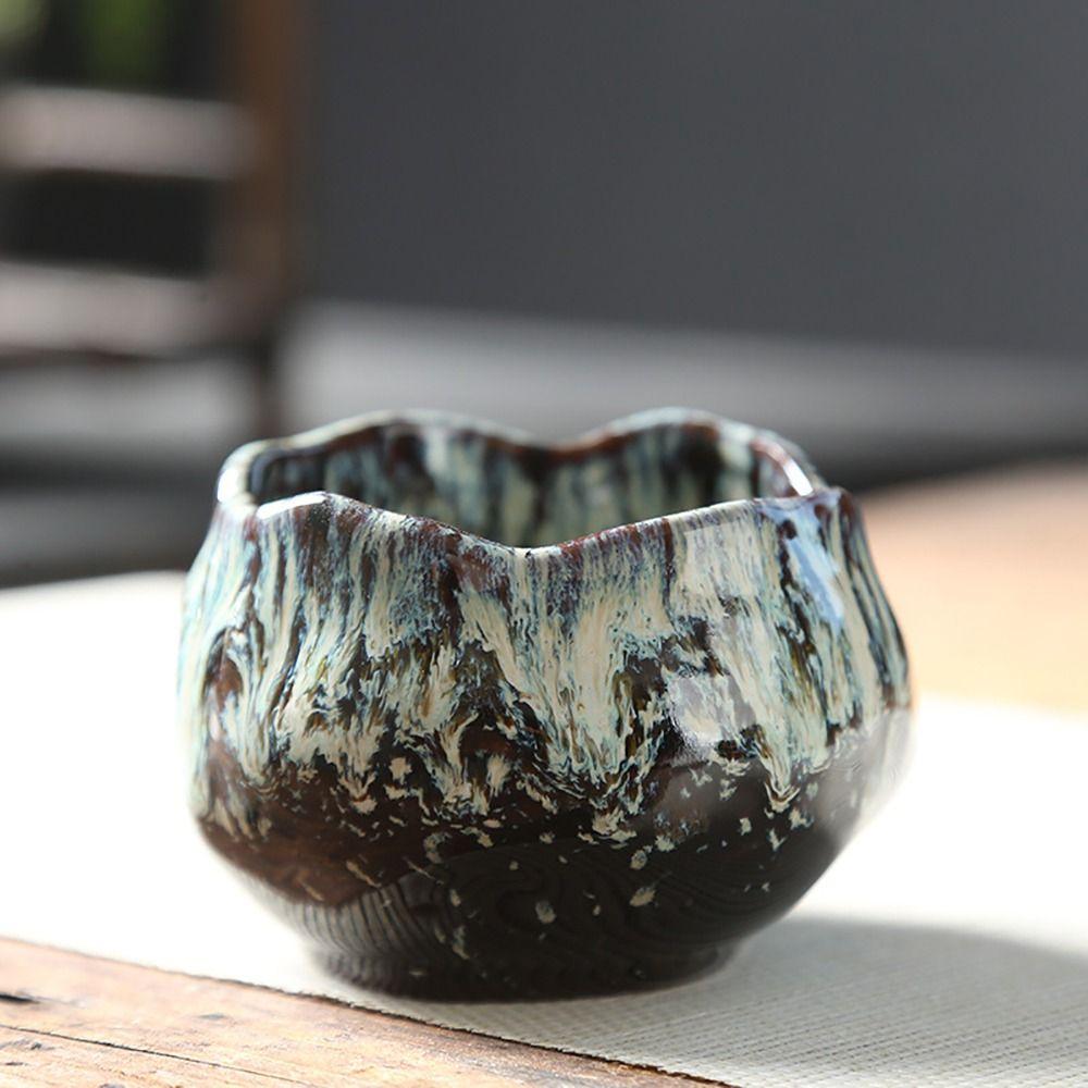 Ceramic Teacup Kiln Transformation Tea Bowl Water Cup Lotus Shape Temmoku Glaze Nordic Style Household Creative Drinkware 150ml