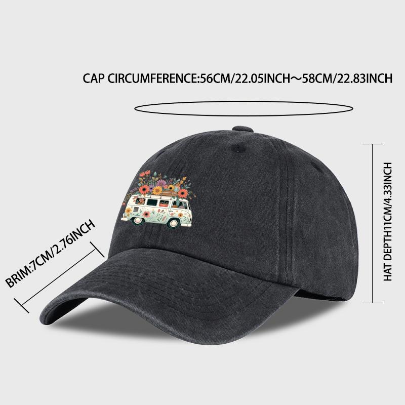 Vintage Floral Van Print Washed Baseball Cap Adjustable Unisex Cotton Travel Sun Hat