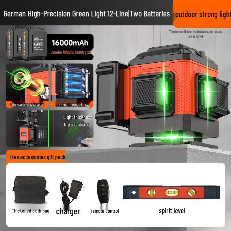 12-Line High Precision Green Laser Level - Outdoor Auto-Leveling with Strong Infrared Light