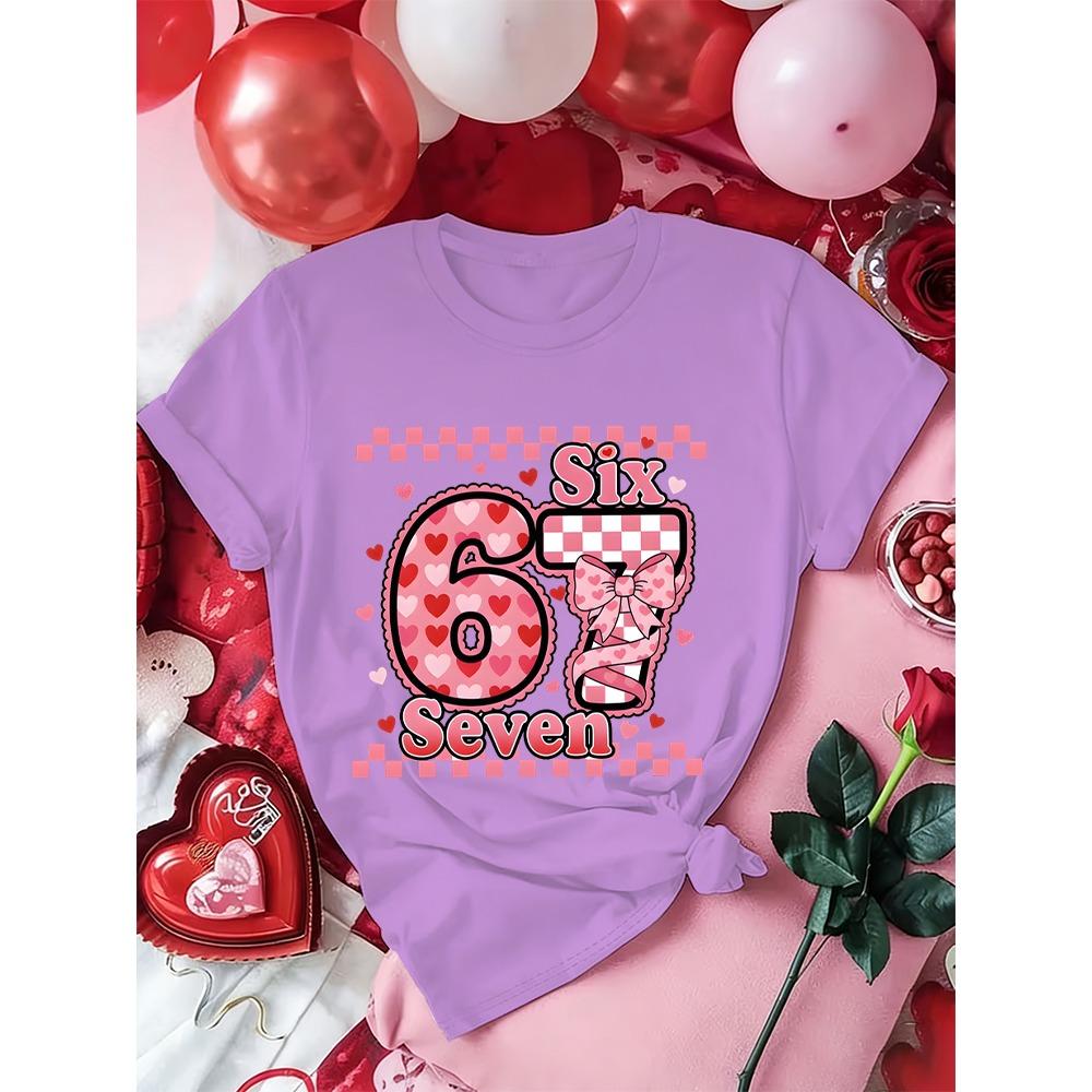 Vintage Grid Number 67 Sweet Coquette Bow Valentine's Day T-shirt Women Men Funny Six Seven Trend Y2K Tees Tops Gift