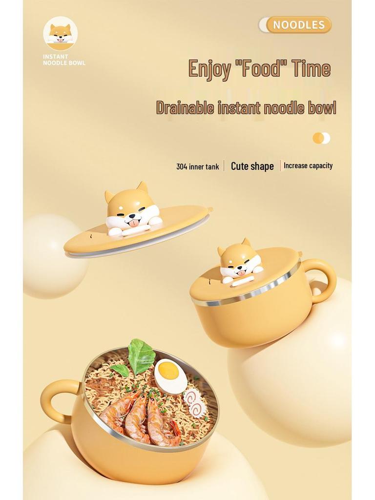 304 Stainless Steel Instant Noodle Bowl with Lid & Water Filter, Cute Large Fast Food Gift Cup for Students.