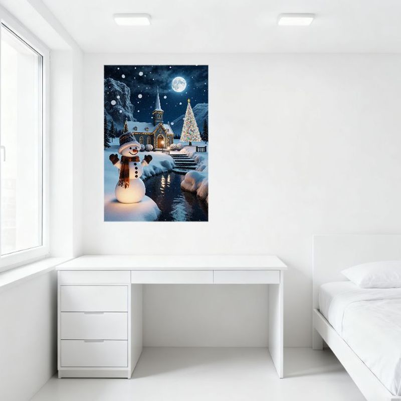 Magical Winter Night Snowman Christmas Tree Church Metal Tin Sign Vintage Xmas Decor for Home Wall Art