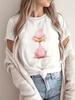 T-shirt pour femme avec imprimé oiseau de dessin animé Rose doux & Blanc Col rond Manches courtes Été Manches courtes Harajuku Streetwear Hauts T-shirts