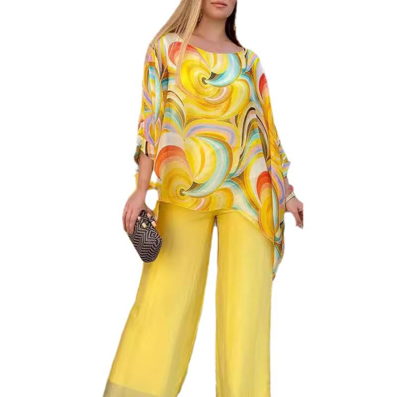 2024 Colorful Chiffon Casual Print Round Neck Two-Piece Summer Set