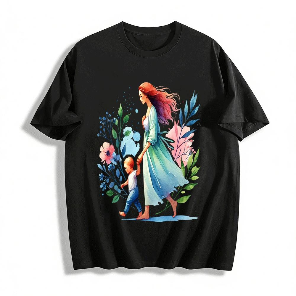 

Watercolor Mom Toddler Walking Print Casual Family Top Pure cotton T-shirt XXS