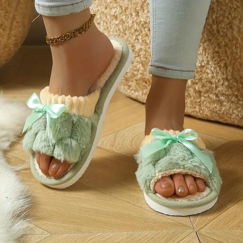 Autumn and Winter Soft Comfortable Bow Pattern Plush Velvet Casual Slip-On Slippers with Non-Slip Sole, Women's Home Shoes