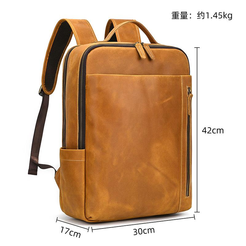 Retro Backpack Double Zipper Main Bag Leather Backpack Large Capacity Mad Horse Leather Outdoor Travel Bag Leisure Computer Bag