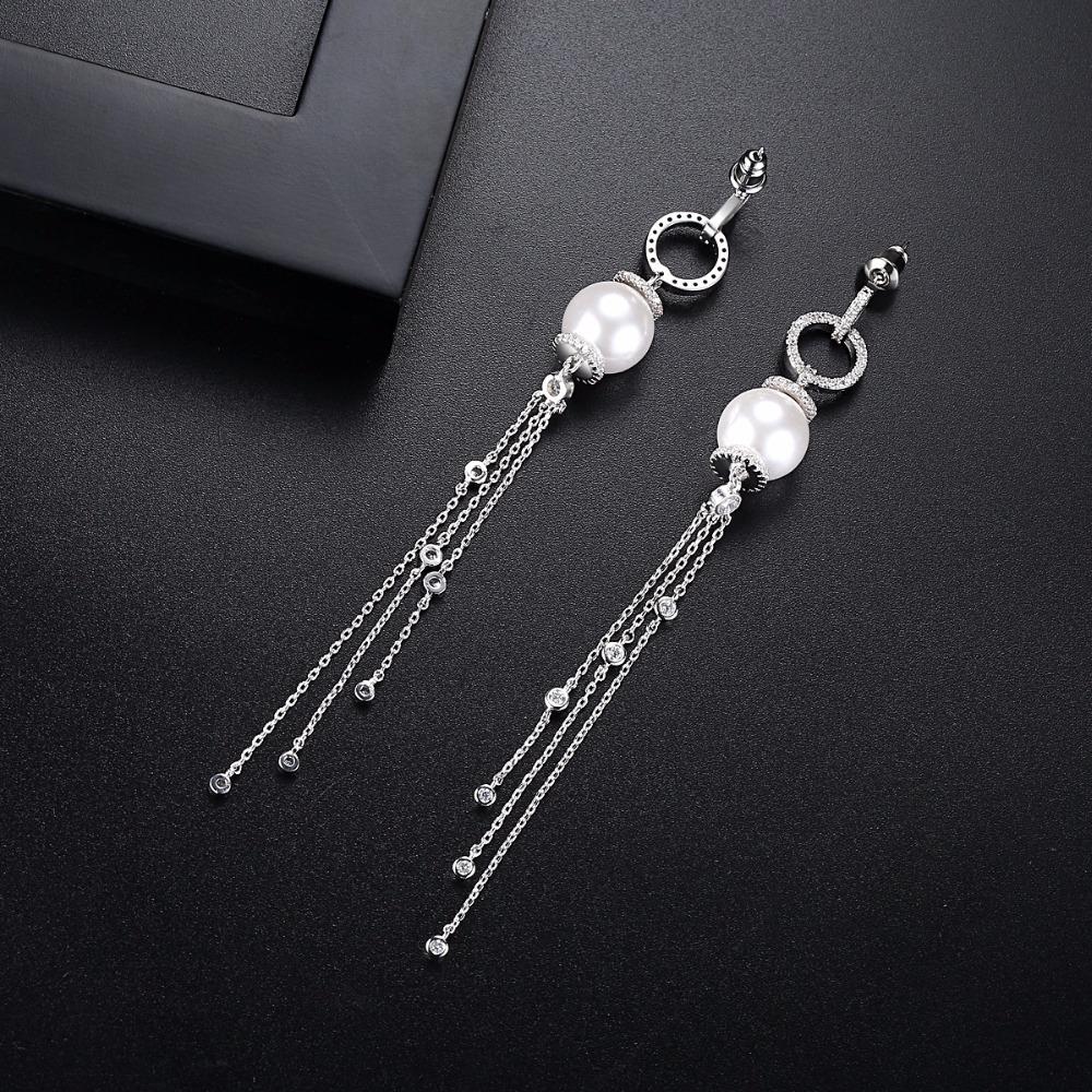 LUOTEEMI Silver Tone CZ Paved Circle with White Imitation Pearl Drop Multiple Chain Tassel Long Dangle Earring for Women Wedding