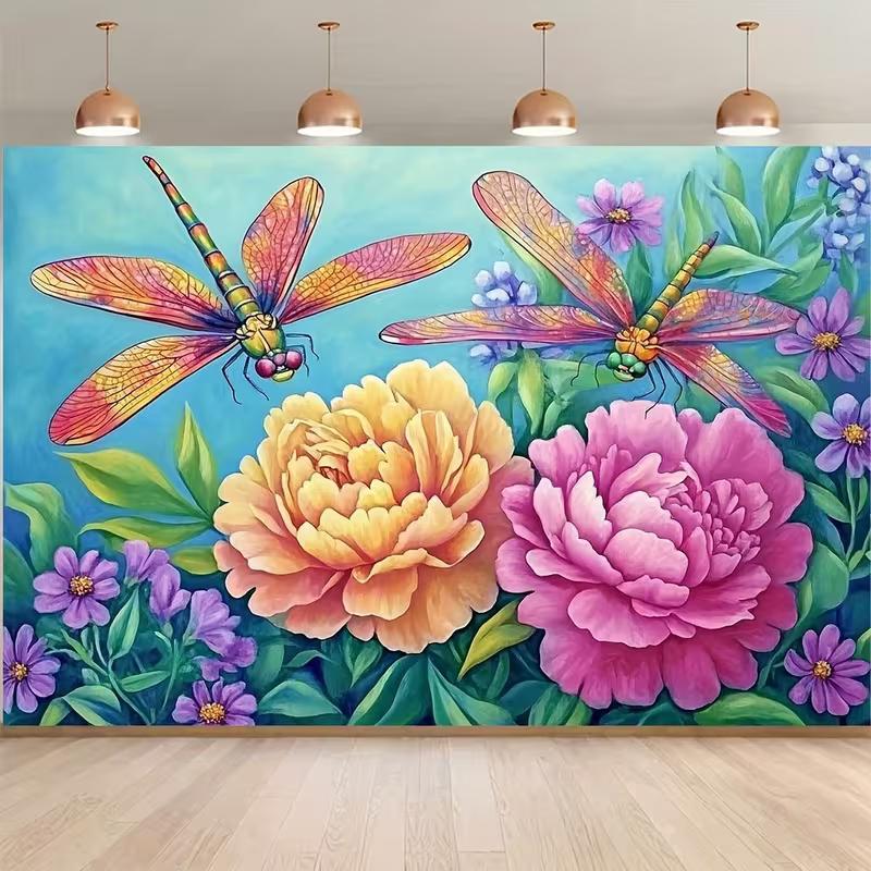 

2D Spring Dragonfly & Peony Backdrop Blue Sky Floral Studio Photography Background 47.2x31.5inch/120*80cm