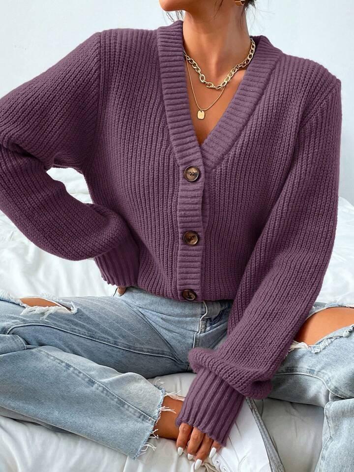 Women's Long-Sleeve V-Neck Cardigan: Solid Color, Single-Breasted, Loose Fit Knit Jacket for Autumn/Winter