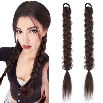 Synthetic Ponytail Extensions 16Inch Black Natural Braided Ponytail Hairpiece Long Straight Rubber Band Hair For Women