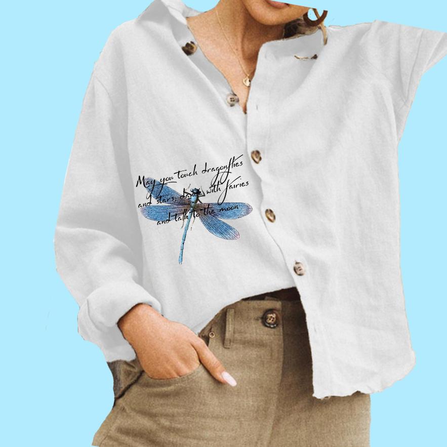 Women Fashion Lapel Collar Blouse Ladies Casual Button Down Top Print Cotton Linen Shirt