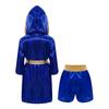 Kids Boxing Costume Set Satin Hooded Robe with Belt & Sequin Shorts Metallic Trim Letter Print