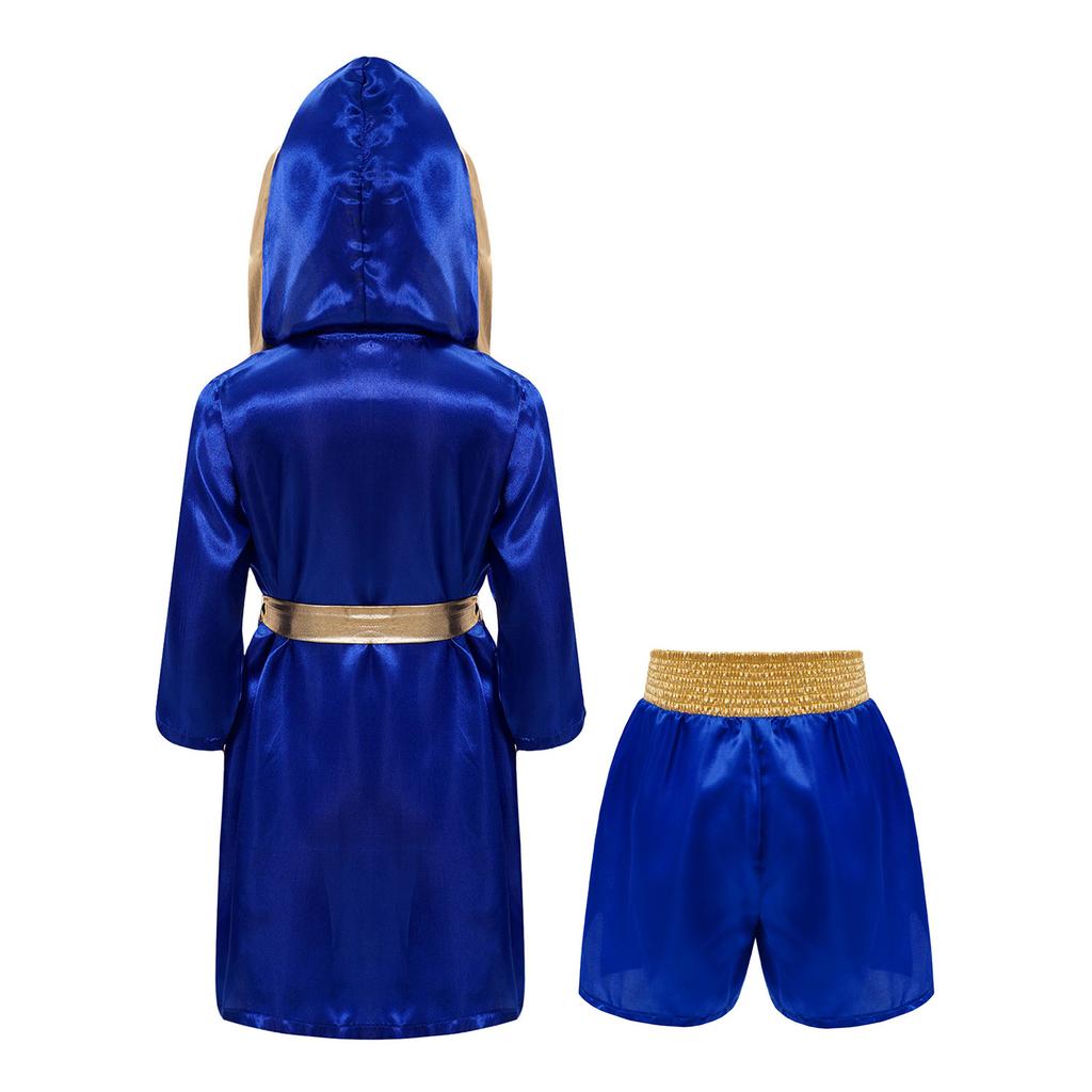 Conjunto de Fantasia de Boxe Infantil Robe de Cetim com Capuz e Cinto & Shorts de Paetês Acabamento Metálico Estampa de Letras