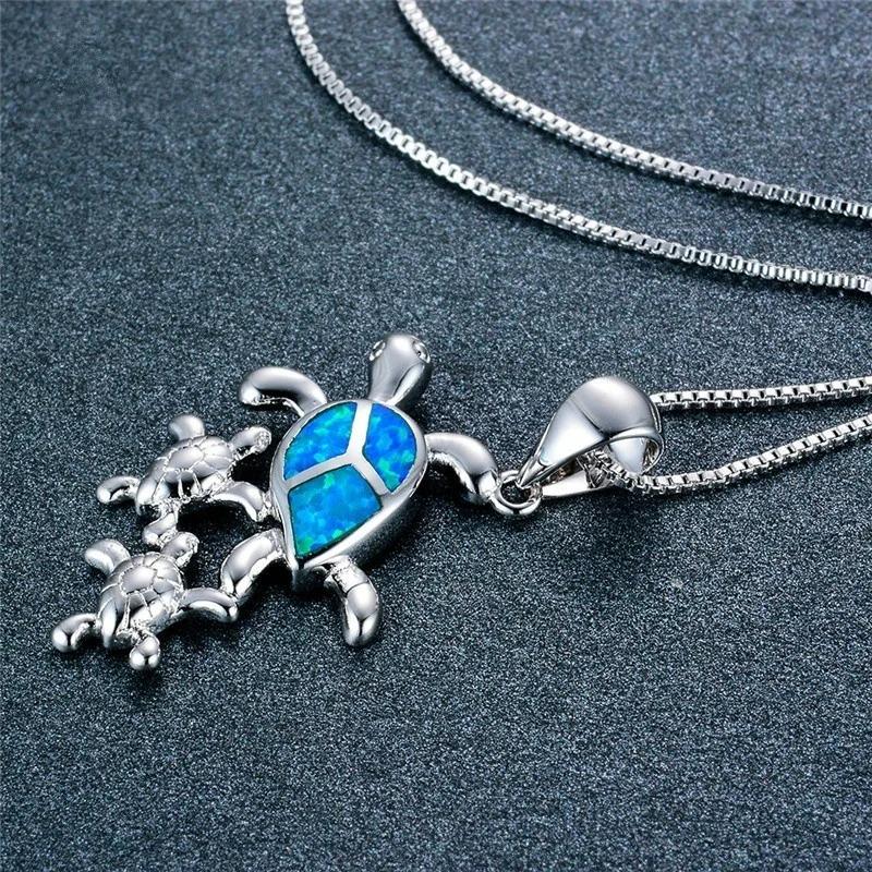 Boho Fashion Cute Sea Turtle Family Pendant Necklace for Women Girl Inlay Imitation Blue Opal Necklace Wedding Party Jewelry