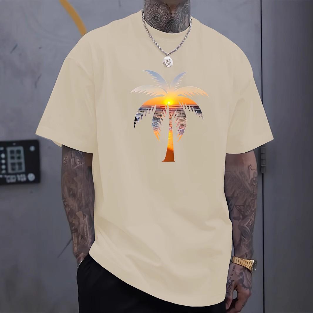 

Летняя мужская футболка с коротким рукавом, свободная, удобная, модная, дышащая, с принтом тропических пальм, мужская хлопковая футболка с коротким рукавом XXXL хаки