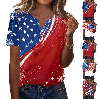 Women's T Shirt Independence Day Print Button Short Sleeve Daily Weekend Fashion Basic V- Neck Regular Top
