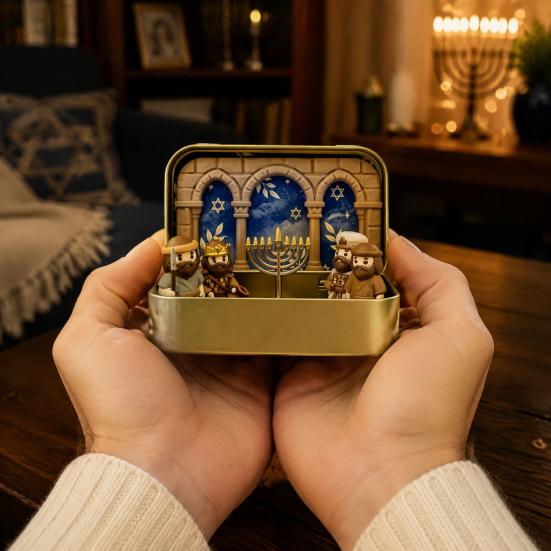 Miniature Scene Decor Hanukkah Diorama Box, 3D Printed Pocket Figurine Set with Starry Sky Pattern Storage Case, Menorah Micro Tabletop Decor, Jewish