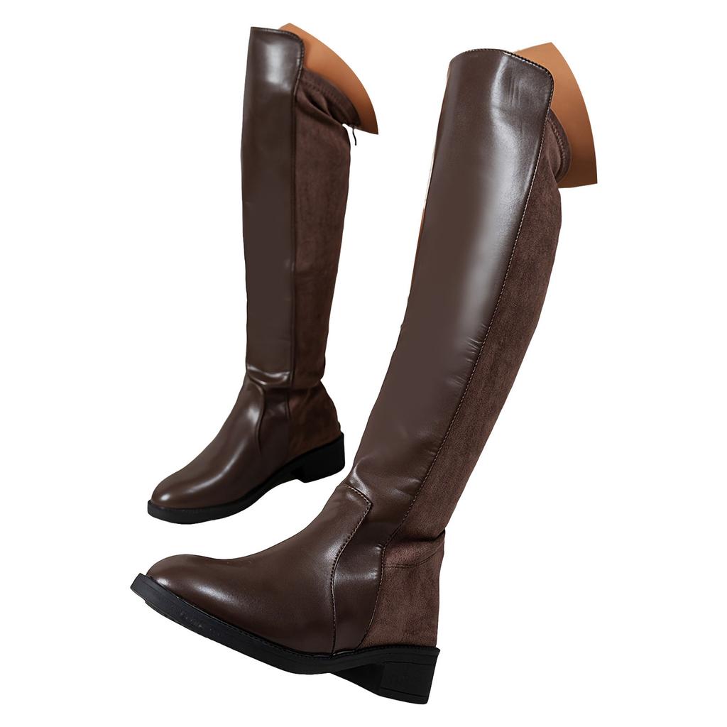 Leather Women's Knee High Boots With Thick Soles Round Toes Back Zipper Chunky Heel And Wide Calf Knee High Boots for Women Tan