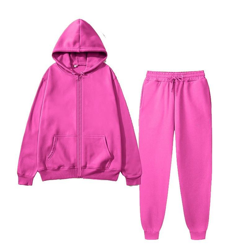 Womens Fleece Hooded Zip Tracksuit Loose Fit Solid Color Sportswear Set